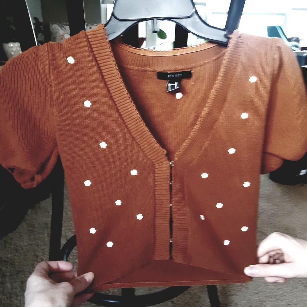 Brown Cardigan with White Floral Accents